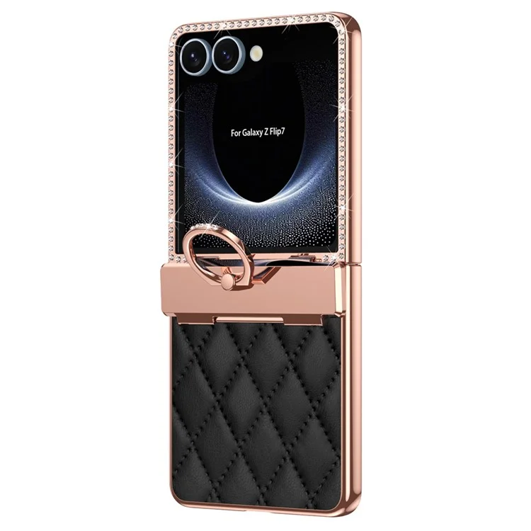For Samsung Galaxy Z Flip7 5G Case Ring Holder Rhinestone Leather + PC Cover with Rear Screen Film - Black