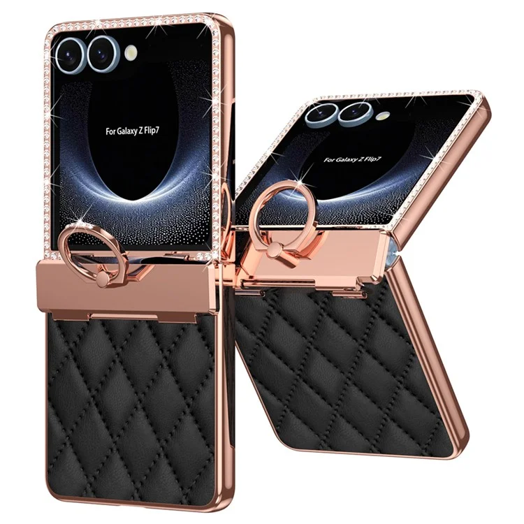 For Samsung Galaxy Z Flip7 5G Case Ring Holder Rhinestone Leather + PC Cover with Rear Screen Film - Black