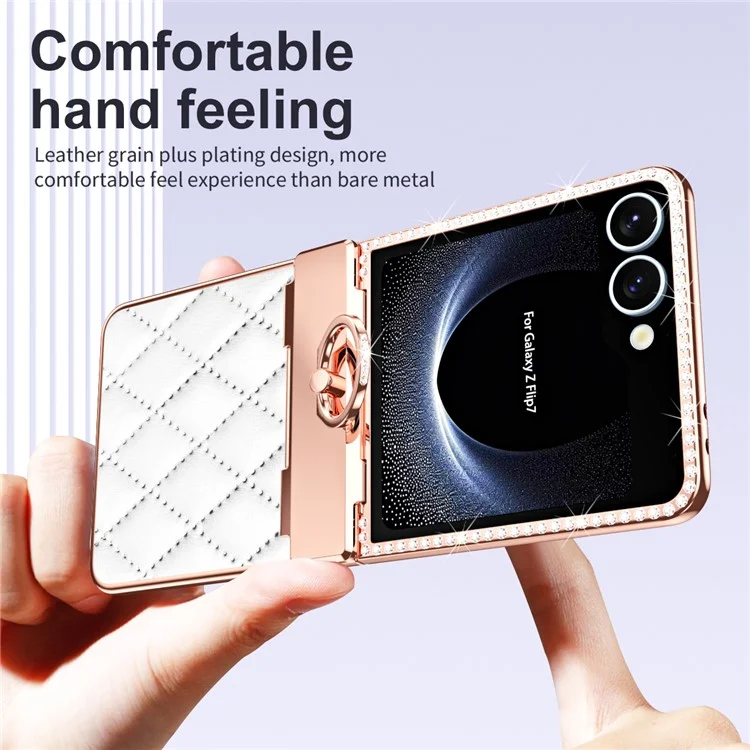 For Samsung Galaxy Z Flip7 5G Case Ring Holder Rhinestone Leather + PC Cover with Rear Screen Film - Black