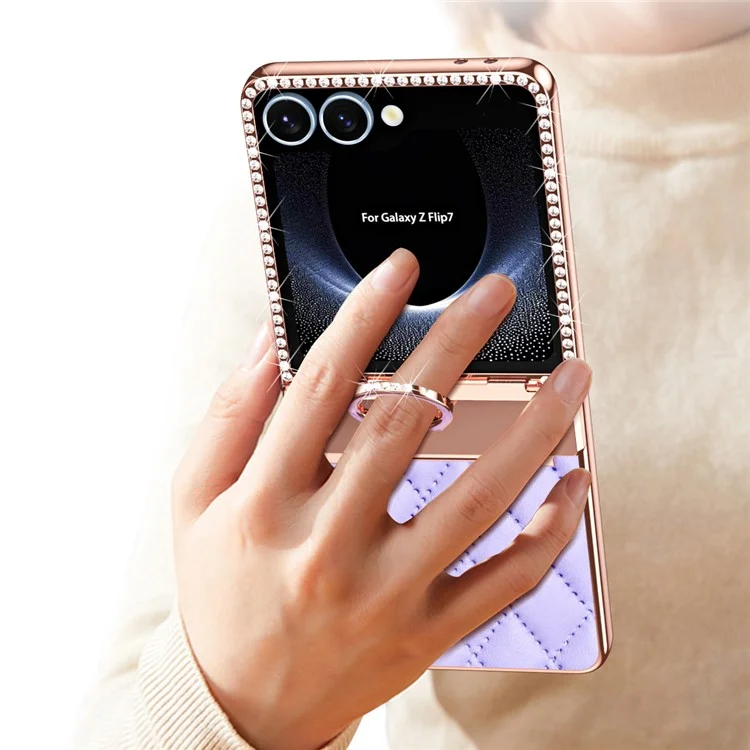 For Samsung Galaxy Z Flip7 5G Case Ring Holder Rhinestone Leather + PC Cover with Rear Screen Film - Black