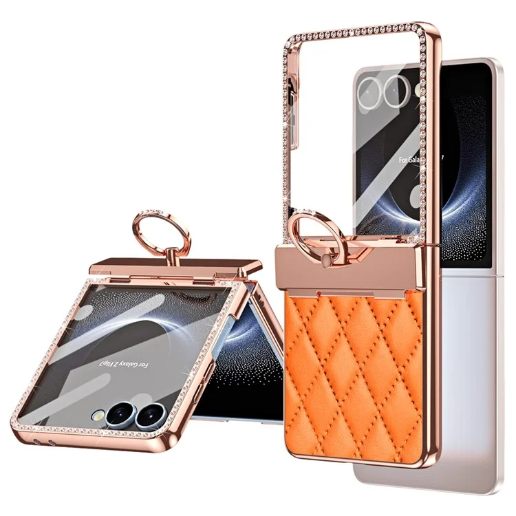 For Samsung Galaxy Z Flip7 5G Case Ring Holder Rhinestone Leather + PC Cover with Rear Screen Film - Orange