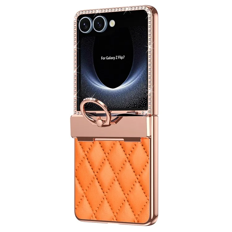 For Samsung Galaxy Z Flip7 5G Case Ring Holder Rhinestone Leather + PC Cover with Rear Screen Film - Orange