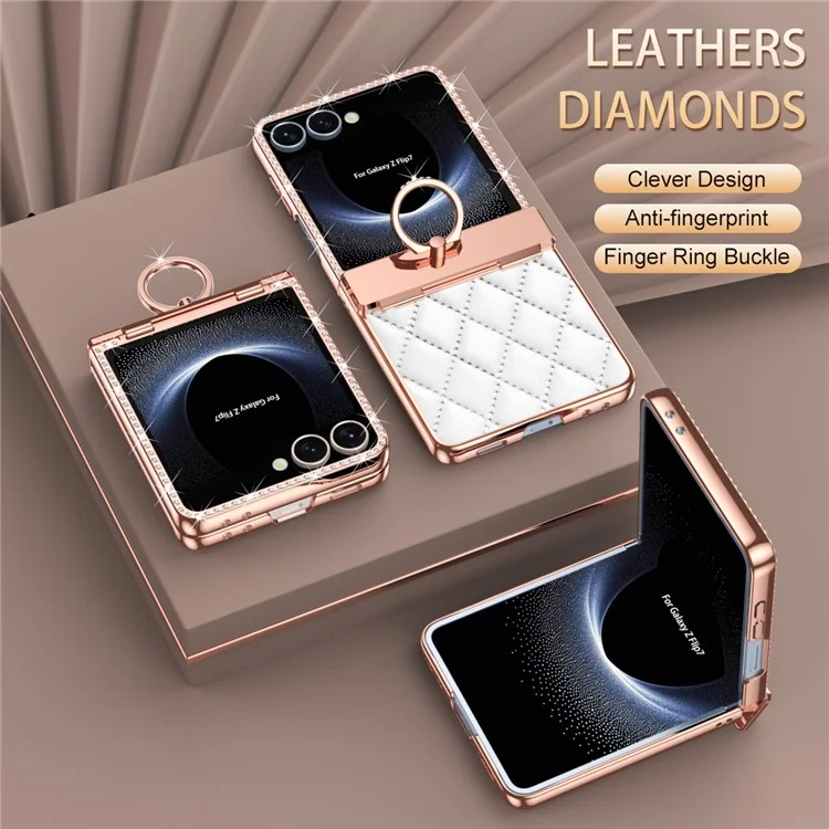 For Samsung Galaxy Z Flip7 5G Case Ring Holder Rhinestone Leather + PC Cover with Rear Screen Film - Orange