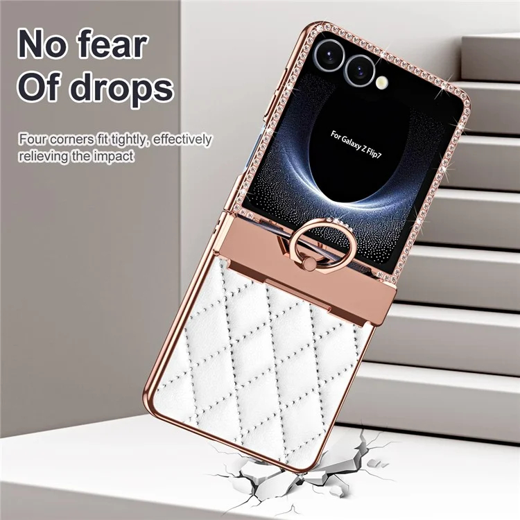 For Samsung Galaxy Z Flip7 5G Case Ring Holder Rhinestone Leather + PC Cover with Rear Screen Film - Orange