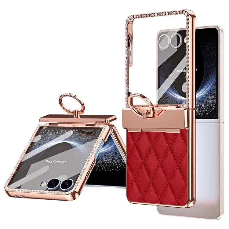 Für Samsung Galaxy Z Flip7 5G Hülle Ring Halter Strass Leder + PC Abdeckung mit Rückbildschirmfolie - Weinrot