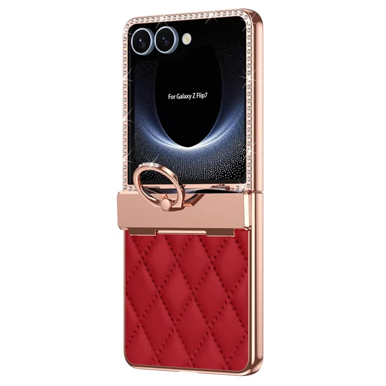 Für Samsung Galaxy Z Flip7 5G Hülle Ring Halter Strass Leder + PC Abdeckung mit Rückbildschirmfolie - Weinrot