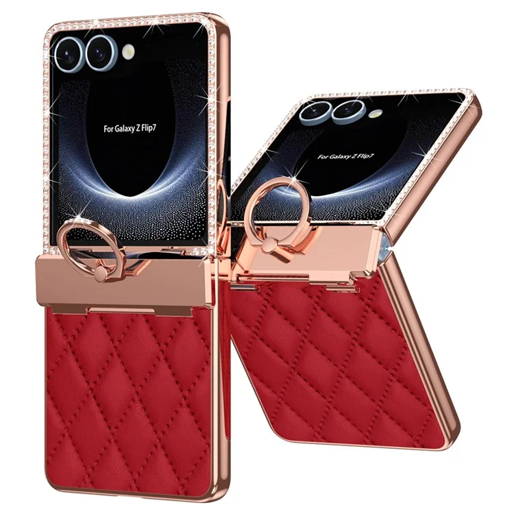 Für Samsung Galaxy Z Flip7 5G Hülle Ring Halter Strass Leder + PC Abdeckung mit Rückbildschirmfolie - Weinrot