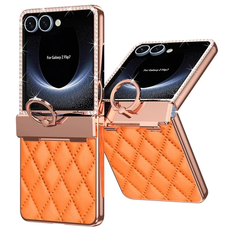 Für Samsung Galaxy Z Flip7 5G Hülle mit Strass-Verzierung Ringhalter Rauten-Leder + PC Handyhülle - Orange