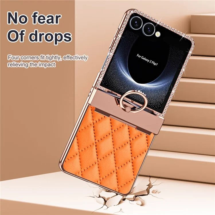 Für Samsung Galaxy Z Flip7 5G Hülle mit Strass-Verzierung Ringhalter Rauten-Leder + PC Handyhülle - Orange
