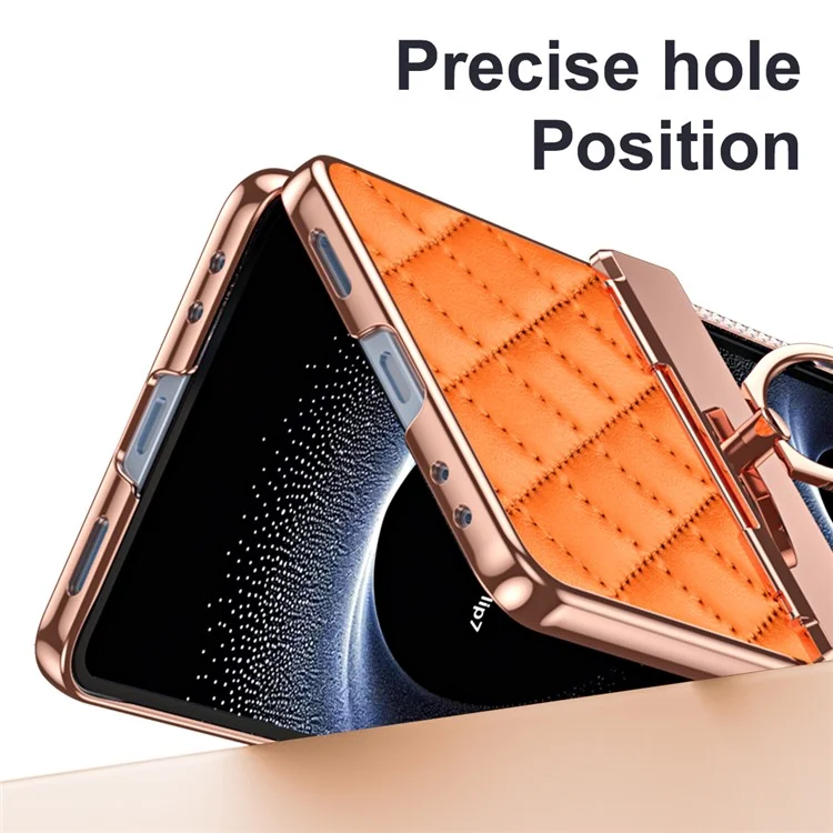 Für Samsung Galaxy Z Flip7 5G Hülle mit Strass-Verzierung Ringhalter Rauten-Leder + PC Handyhülle - Orange