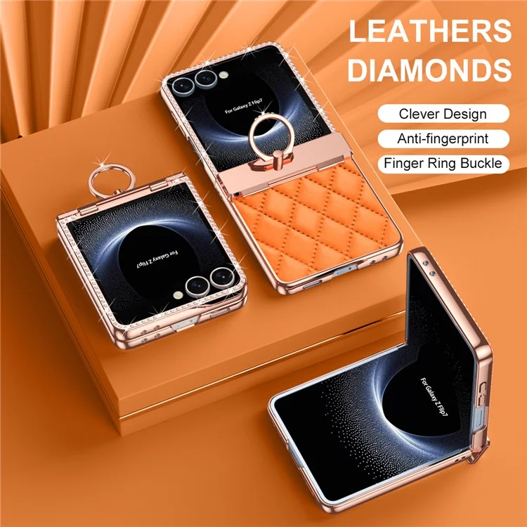 Für Samsung Galaxy Z Flip7 5G Hülle mit Strass-Verzierung Ringhalter Rauten-Leder + PC Handyhülle - Orange
