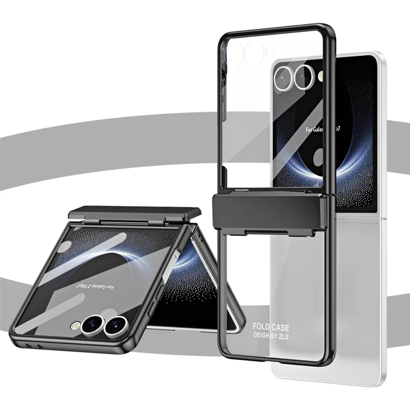 For Samsung Galaxy Z Flip7 5G Case Electroplating PC Folding Phone Cover with Screen Protector - Black