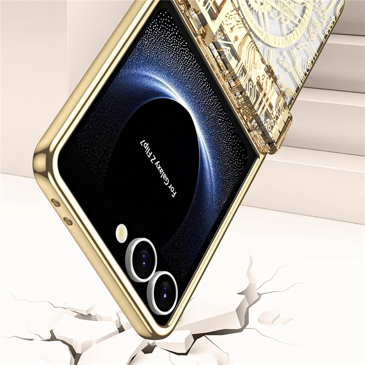 Für Samsung Galaxy Z Flip7 5G Hülle Mechanische Legende Elektrolytisch Beschichtete PC Handyhülle mit Rückseiten-Schutzfolie - Gold