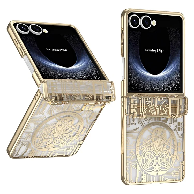Für Samsung Galaxy Z Flip7 5G Hülle Mechanische Legende Elektrolytisch Beschichtete PC Handyhülle mit Rückseiten-Schutzfolie - Gold
