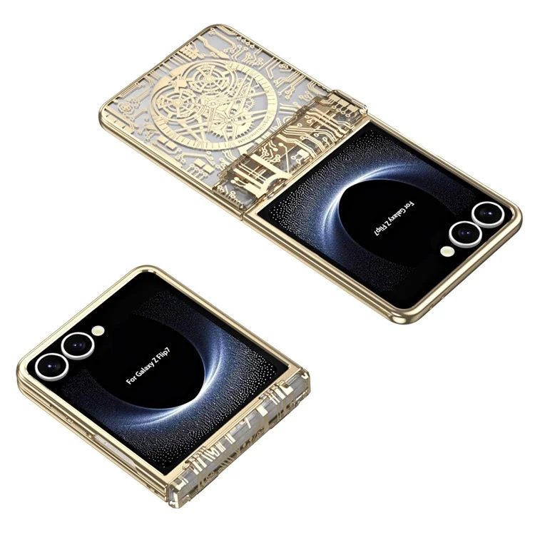 Für Samsung Galaxy Z Flip7 5G Hülle Mechanische Legende Elektrolytisch Beschichtete PC Handyhülle mit Rückseiten-Schutzfolie - Gold