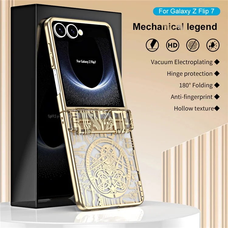 Für Samsung Galaxy Z Flip7 5G Hülle Mechanische Legende Elektrolytisch Beschichtete PC Handyhülle mit Rückseiten-Schutzfolie - Gold