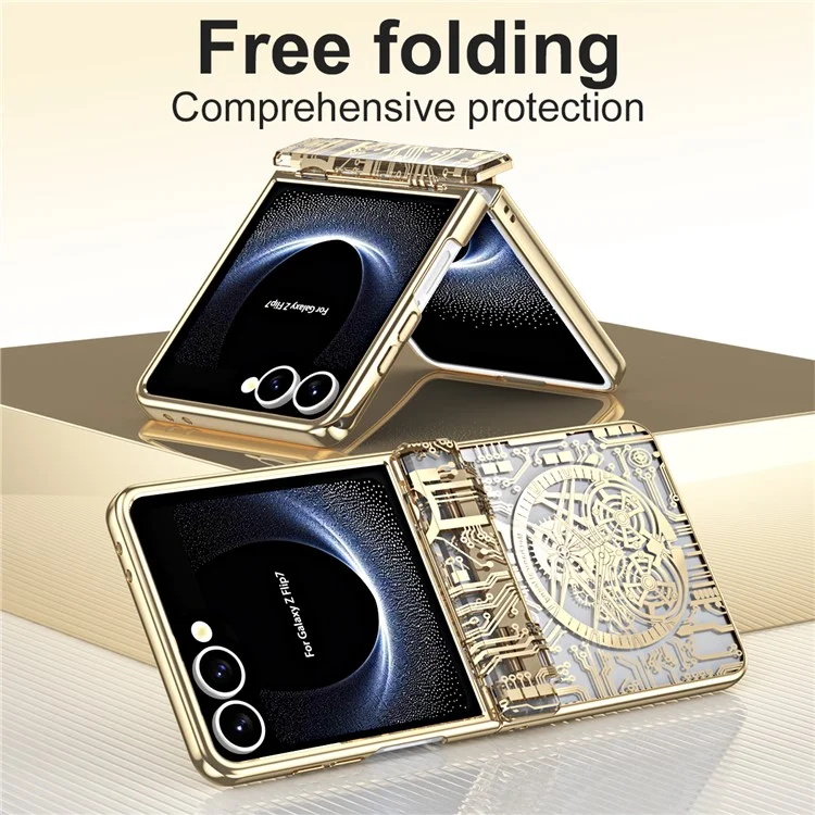 Für Samsung Galaxy Z Flip7 5G Hülle Mechanische Legende Elektrolytisch Beschichtete PC Handyhülle mit Rückseiten-Schutzfolie - Gold
