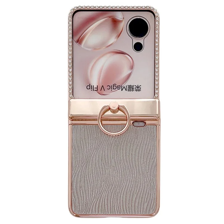Cover per Honor Magic V Flip 5G con Supporto ad Anello Texture Ondulata, Custodia Rigida per Telefono con Pellicola Protettiva Posteriore - Oro