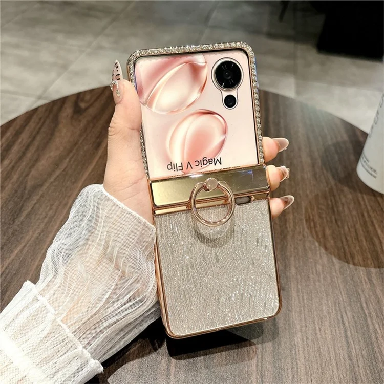 Cover per Honor Magic V Flip 5G con Supporto ad Anello Texture Ondulata, Custodia Rigida per Telefono con Pellicola Protettiva Posteriore - Oro