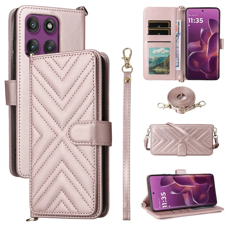 Étui Motorola Edge 60 Pro 5G avec Bandoulière / Dragonne en Cuir Support Portefeuille - Rose