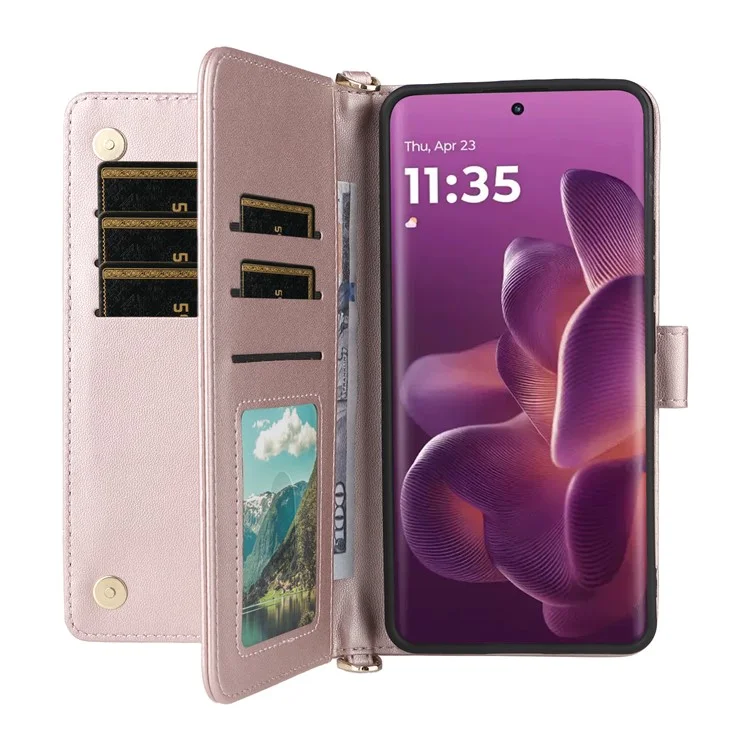 Étui Motorola Edge 60 Pro 5G avec Bandoulière / Dragonne en Cuir Support Portefeuille - Rose