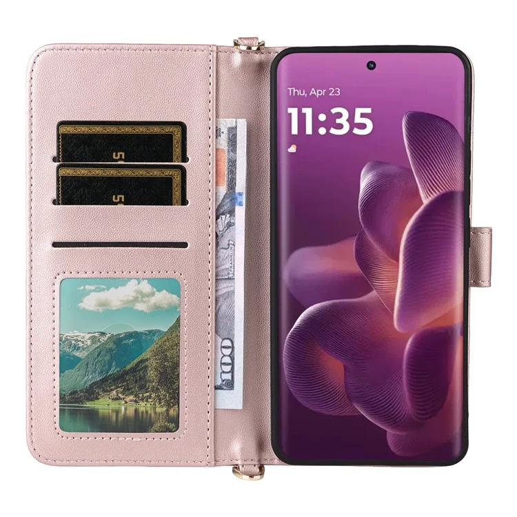 Étui Motorola Edge 60 Pro 5G avec Bandoulière / Dragonne en Cuir Support Portefeuille - Rose