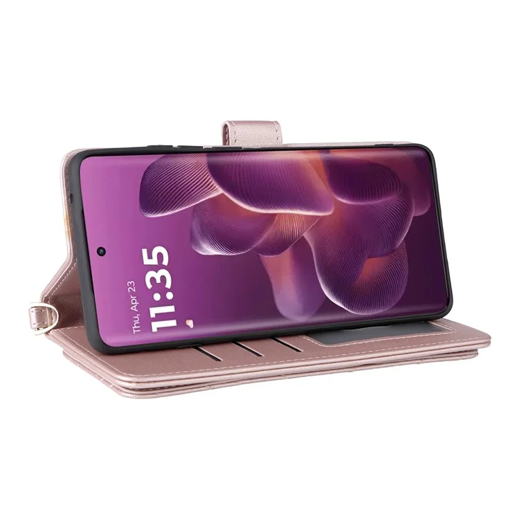 Étui Motorola Edge 60 Pro 5G avec Bandoulière / Dragonne en Cuir Support Portefeuille - Rose