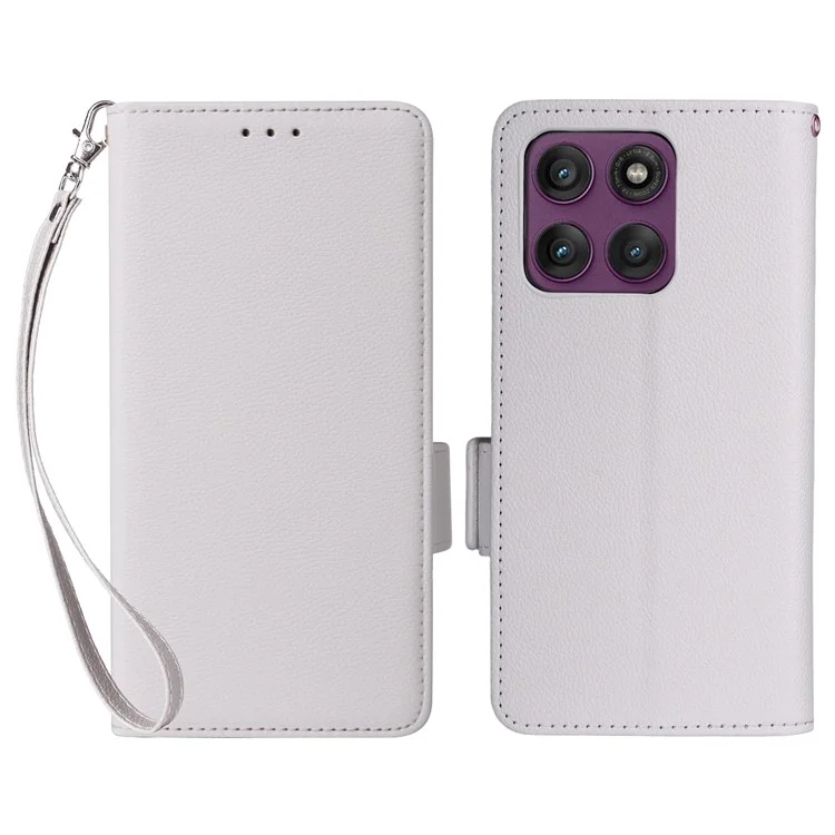 Étui pour Motorola Edge 60 Pro 5G avec Bracelet Texture Litchi en Cuir PU Portefeuille Housse de Téléphone - Blanc