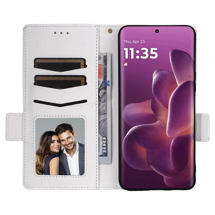 Étui pour Motorola Edge 60 Pro 5G avec Bracelet Texture Litchi en Cuir PU Portefeuille Housse de Téléphone - Blanc