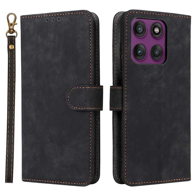 Étui portefeuille pour Motorola Edge 60 Pro 5G avec blocage RFID en cuir PU, support et dragonne - Noir
