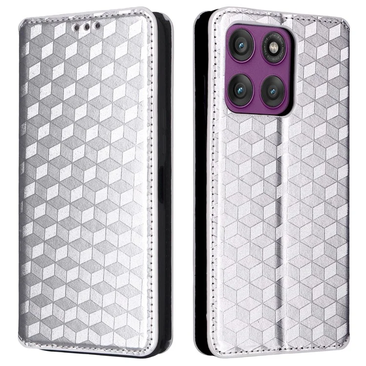 Étui Portefeuille pour Motorola Edge 60 Pro 5G - Motif Losange en Cuir Imprimé - Argent