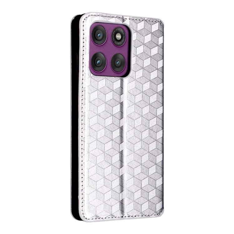 Étui Portefeuille pour Motorola Edge 60 Pro 5G - Motif Losange en Cuir Imprimé - Argent