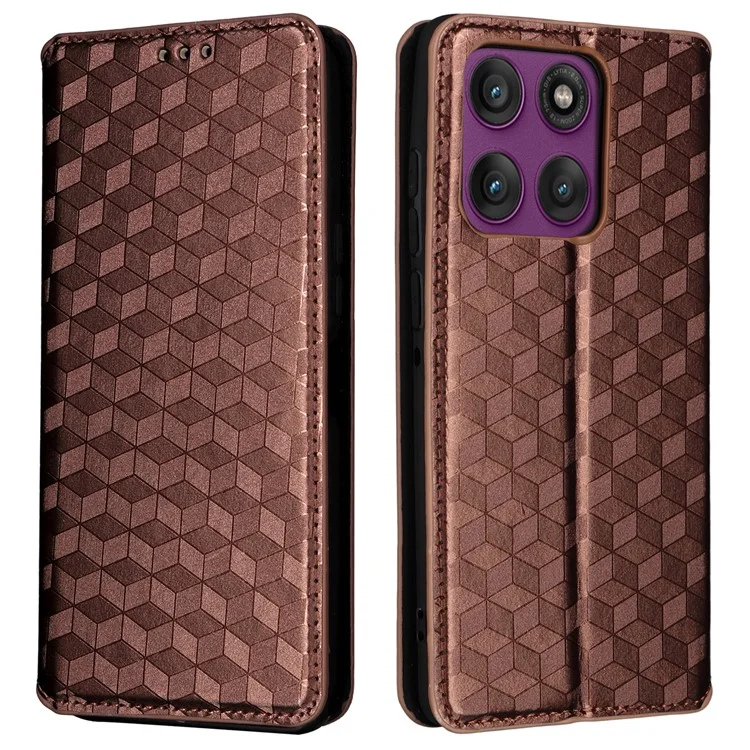 For Motorola Edge 60 Pro 5G Case Wallet Rhombus Imprinted Leather Phone Cover - Brown