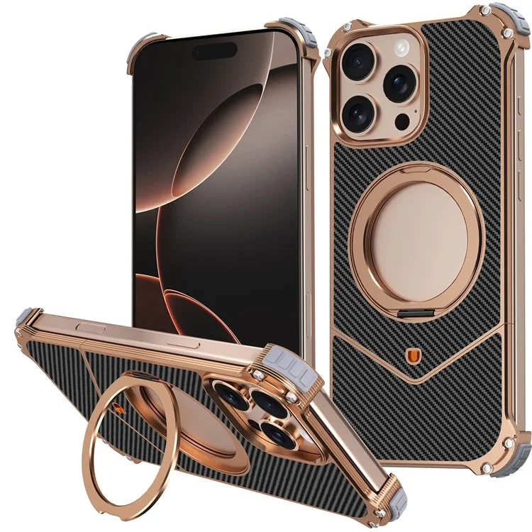 Cover posteriore per iPhone 16 Pro magnetico con texture in fibra di carbonio, PU + metallo senza cornice con supporto - Oro