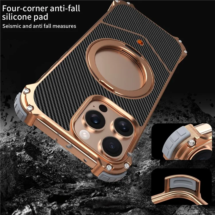 Cover posteriore per iPhone 16 Pro magnetico con texture in fibra di carbonio, PU + metallo senza cornice con supporto - Oro