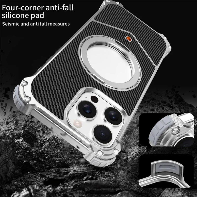 For iPhone 15 Pro Magnetic Case Carbon Fiber Texture PU + Metal Boardless Phone Back Cover with Kickstand - Silver