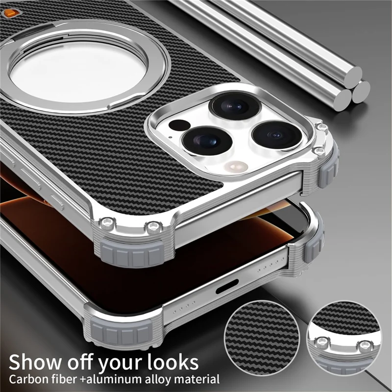 For iPhone 15 Pro Magnetic Case Carbon Fiber Texture PU + Metal Boardless Phone Back Cover with Kickstand - Silver