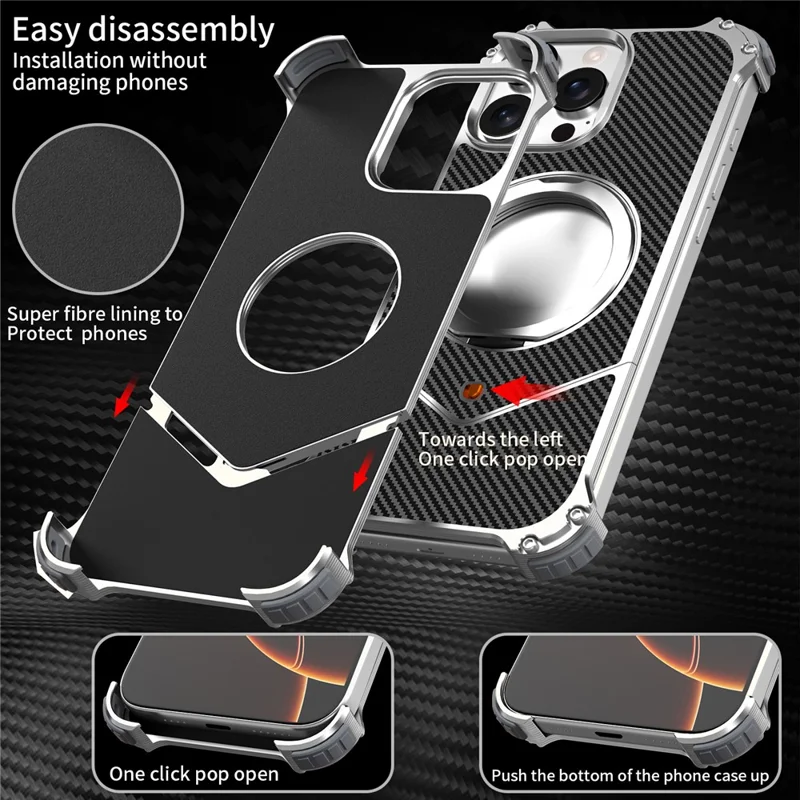 For iPhone 15 Pro Magnetic Case Carbon Fiber Texture PU + Metal Boardless Phone Back Cover with Kickstand - Silver