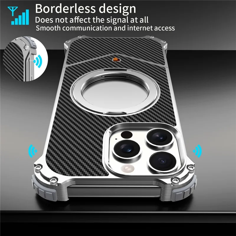 For iPhone 15 Pro Magnetic Case Carbon Fiber Texture PU + Metal Boardless Phone Back Cover with Kickstand - Silver