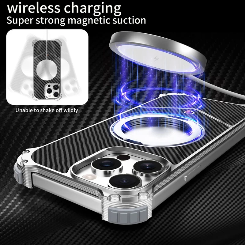 For iPhone 15 Pro Magnetic Case Carbon Fiber Texture PU + Metal Boardless Phone Back Cover with Kickstand - Silver