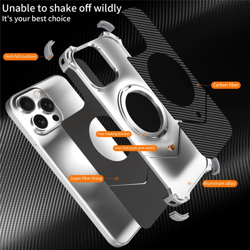 For iPhone 15 Pro Magnetic Case Carbon Fiber Texture PU + Metal Boardless Phone Back Cover with Kickstand - Silver