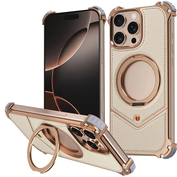 Handyhülle für iPhone 15 Pro Max, PU-Leder-Rückseite mit Metallrahmen und Ständer - Gold