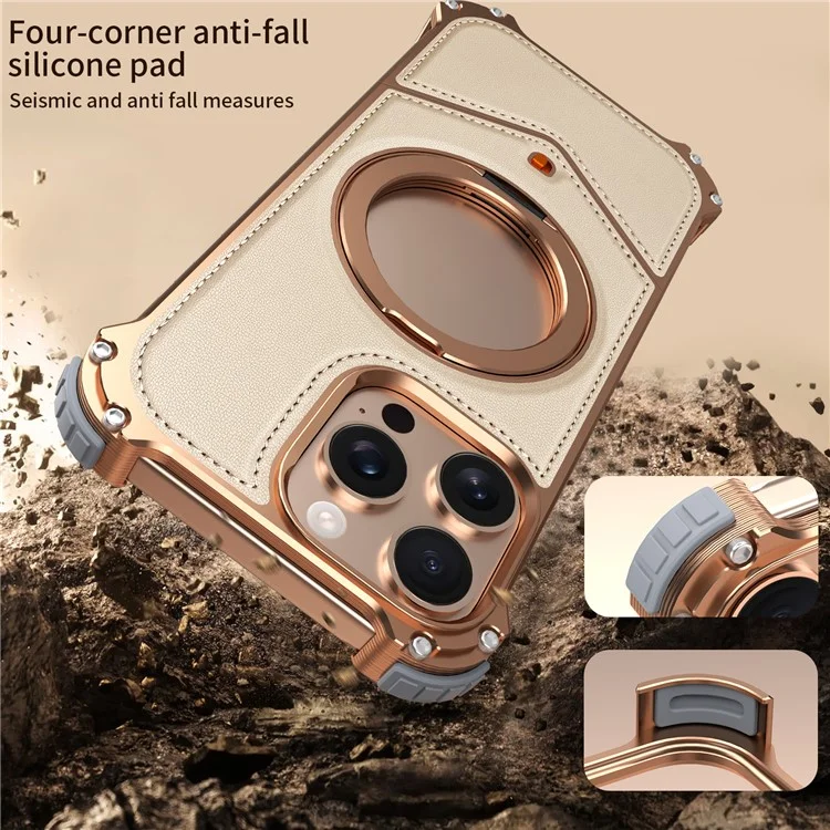 Handyhülle für iPhone 15 Pro Max, PU-Leder-Rückseite mit Metallrahmen und Ständer - Gold