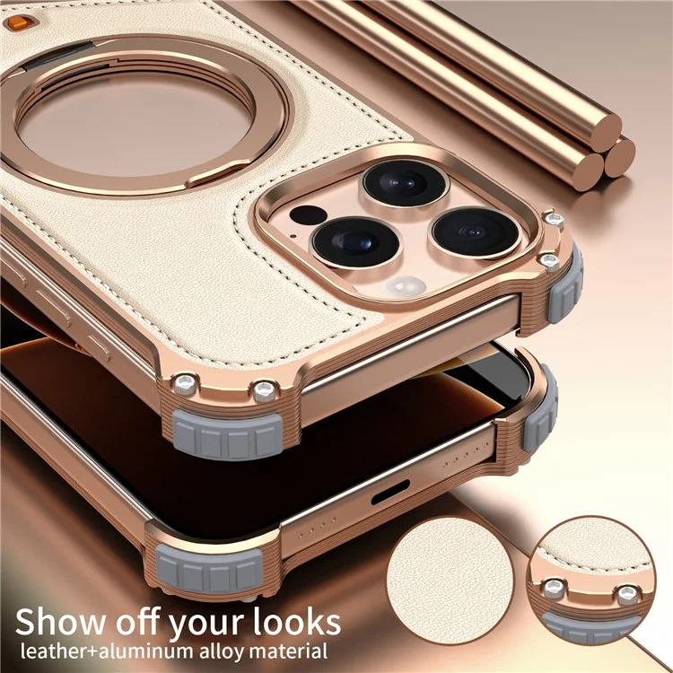 Handyhülle für iPhone 15 Pro Max, PU-Leder-Rückseite mit Metallrahmen und Ständer - Gold