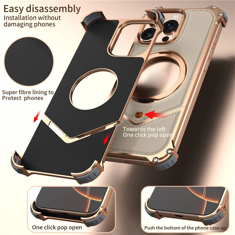 Handyhülle für iPhone 15 Pro Max, PU-Leder-Rückseite mit Metallrahmen und Ständer - Gold