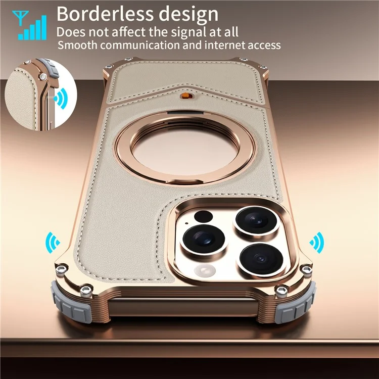 Handyhülle für iPhone 15 Pro Max, PU-Leder-Rückseite mit Metallrahmen und Ständer - Gold