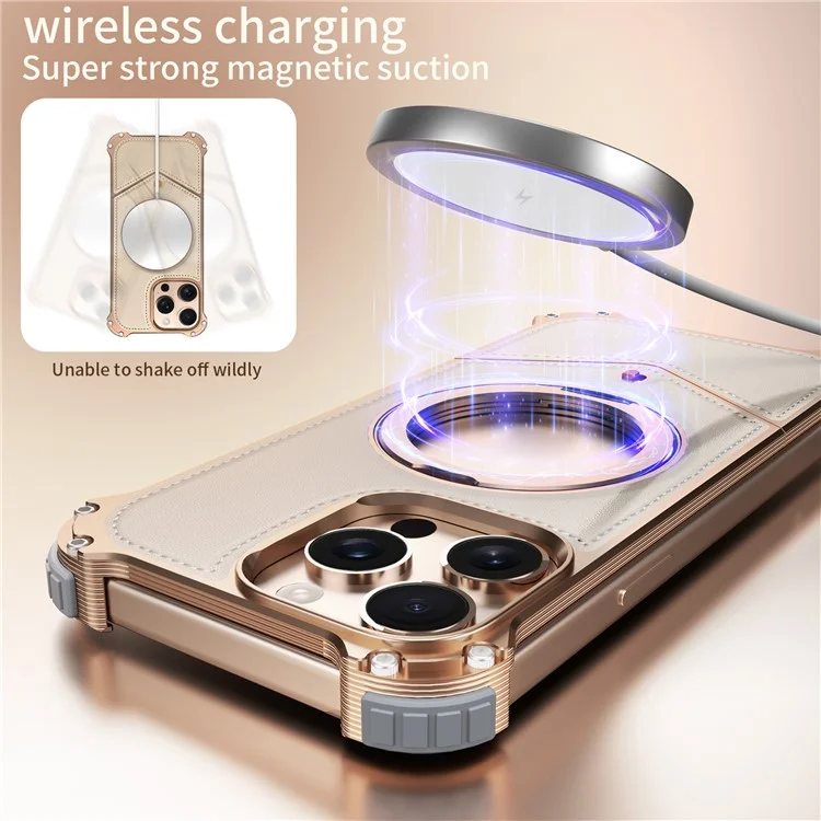 Handyhülle für iPhone 15 Pro Max, PU-Leder-Rückseite mit Metallrahmen und Ständer - Gold
