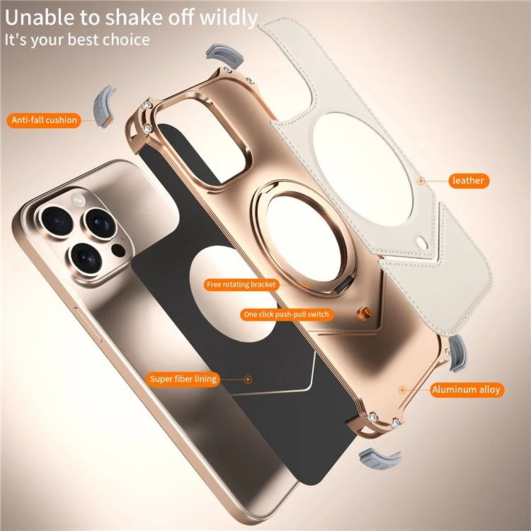 Handyhülle für iPhone 15 Pro Max, PU-Leder-Rückseite mit Metallrahmen und Ständer - Gold