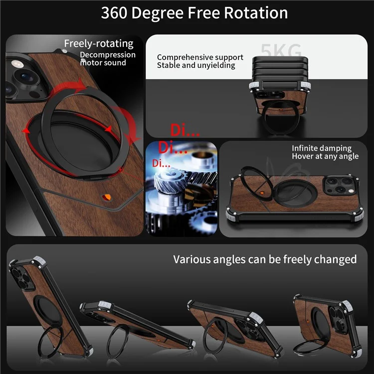 Für iPhone 15 Pro Max Magnetische Hülle mit Holzoberfläche, rahmenloser Rückseite, Ständer und Kickstand - Schwarz
