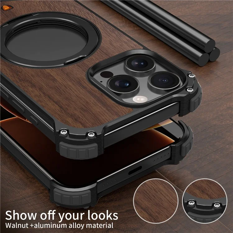 Für iPhone 15 Pro Max Magnetische Hülle mit Holzoberfläche, rahmenloser Rückseite, Ständer und Kickstand - Schwarz
